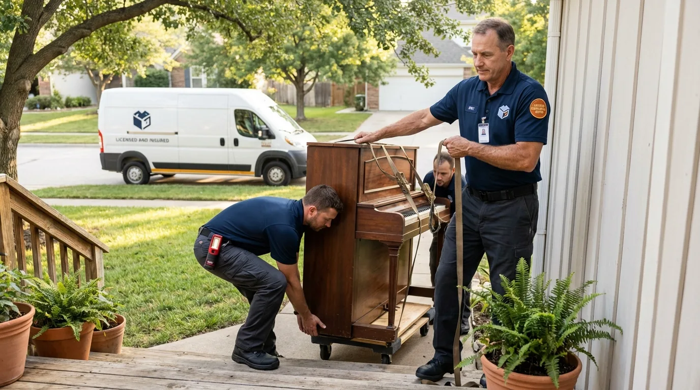 Licensed piano movers securing grand piano in Wilbraham, MA