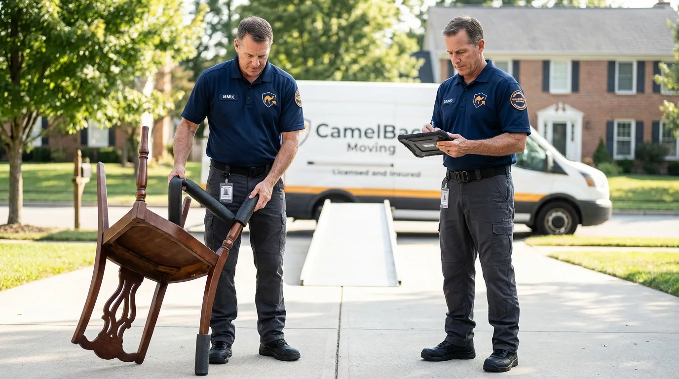 Movers inspecting furniture for damage prevention before loading in Wilbraham, MA