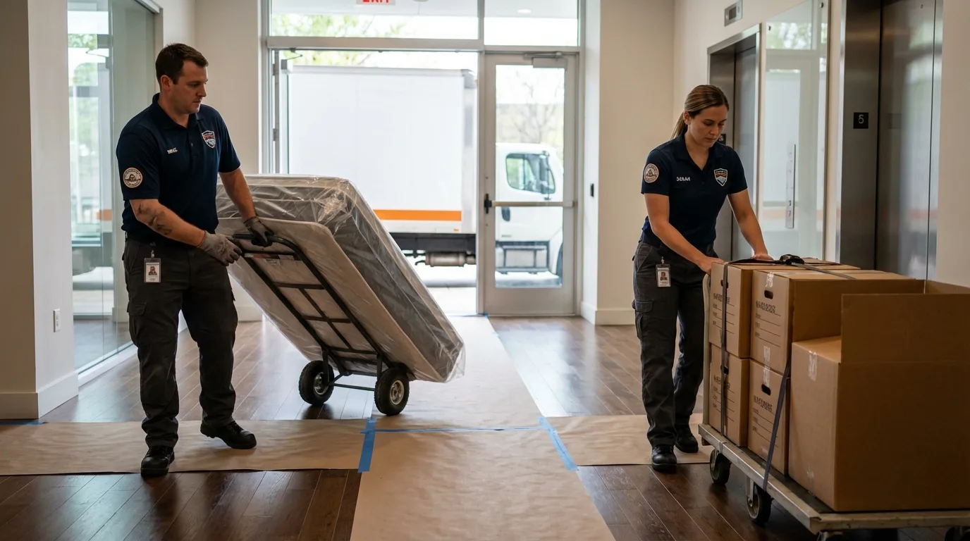 Professional apartment movers loading elevator in Wilbraham, MA