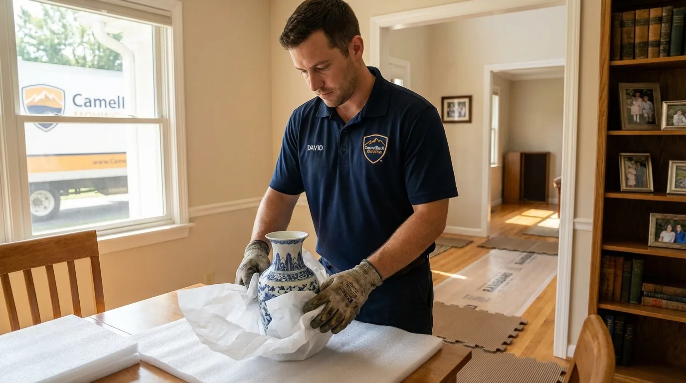 Professional crew carefully wrapping antique vase for senior downsizing move in Wilbraham, MA